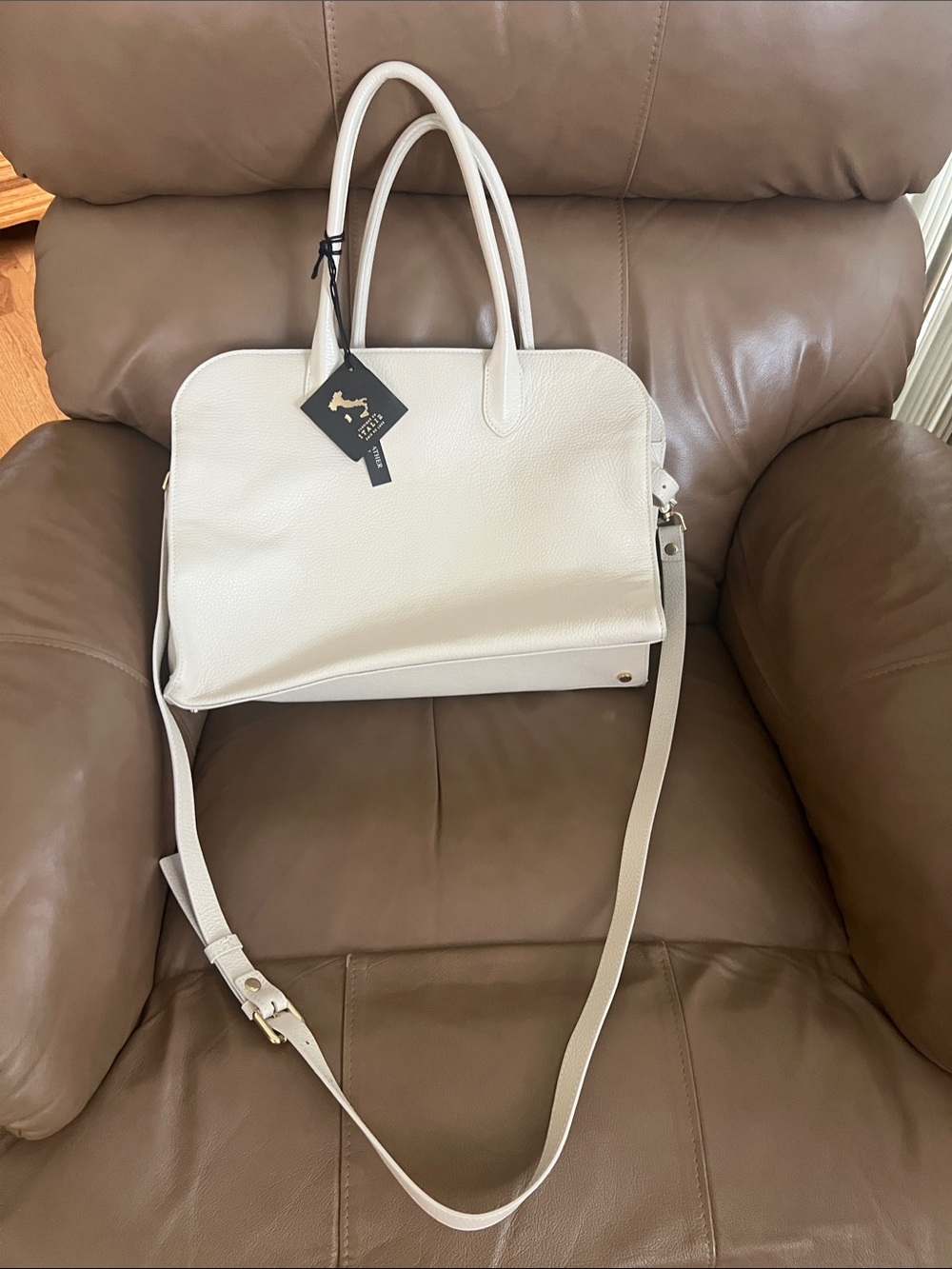 Structured Cream Leather Satchel with Removable Strap